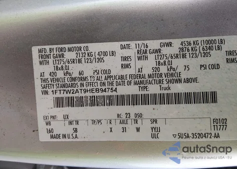 2017 Ford F-250 Lariat из США, поврежденный, VIN 1FT7W2AT9HEB94754